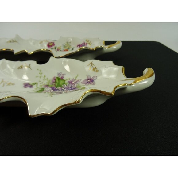 Vintage Dresden Style Leaf Dish Lot of 2 Hand Painted Floral Flowers Gold Trim - Picture 9 of 16
